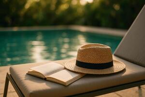 Relaxing by the Poolside With a Book and a Straw Hat in Warm Sunlight photo