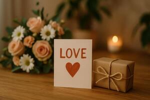 Handmade Love Card With a Gift Box and Bouquet on a Wooden Table photo