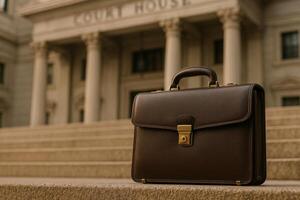 Brown Briefcase Rests on Steps Outside Courthouse During Overcast Afternoon photo
