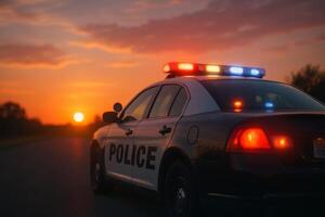 Police Car Parked by the Roadside During Sunset With Flashing Lights on a Calm Evening photo