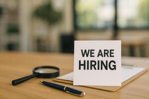 Job Opening Announcement on a Desk With a Magnifying Glass and Pen in a Modern Office Setting photo