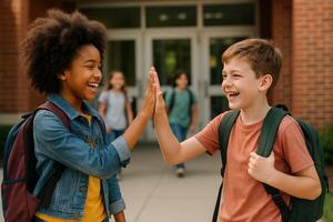 Friends Greet Each Other Happily Outside School After Classes End for the Day photo