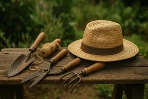 Tools for Gardening on a Wooden Table With a Straw Hat in a Garden Setting photo