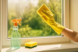 Cleaning a Window With a Sponge and Detergent in a Bright Room During Daylight Hours photo