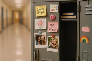 Colorful School Locker Decorated With Reminders and Cheerful Notes in a Bright Hallway photo