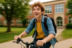 Young Boy Rides Bicycle Joyfully in Front of School Building During Sunny Day photo