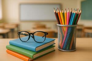 Classroom Setup With Books, Glasses, and Colorful Pencils in a Learning Environment photo