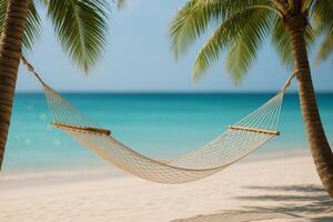 Relaxing Hammock Between Palm Trees Near Calm Turquoise Sea During Sunny Day photo