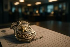 Police Badge Rests on a Report Form in a Dimly Lit Office During Evening Hours photo