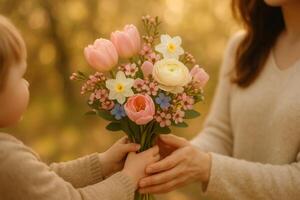 Child Presents a Colorful Bouquet to a Woman in a Sunlit Garden During Springtime photo