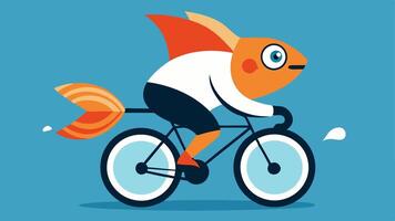 Pedal Power A determined goldfish in a tiny cycling jersey and goggles is riding a sleek black bicycle. The sidewalk appears to be swirling with colorful patterns giving the. vector