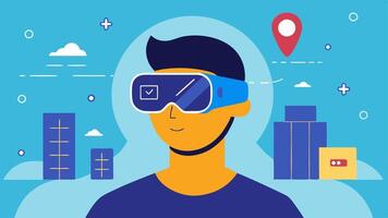 Augmented Reality Exploration A user wearing AR glasses with an AI overlay presenting them with potential vacation destinations and itinerary details as they look around.. vector