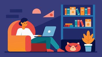 Home Office Comfort This illustration depicts a cozy home office scene with a person reclining in an armchair working on a laptop. Instead of a typical screen a cheesy margherita. vector