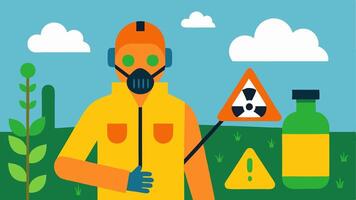 Unsafe Conditions in Agriculture A field worker surrounded by toxic pesticides without proper protective gear with a warning sign about chemical exposure in the background. vector
