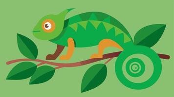 Chameleon on a Branch A chameleon changing colors to blend into a background of leaves illustrating adaptability and the ability to adjust to surroundings.. vector