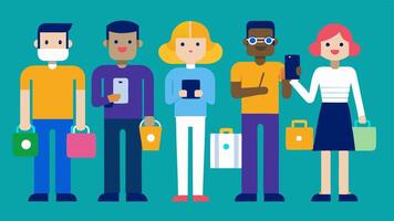 Group of Consumers A crowd of diverse simplified characters holding various items like smartphones and shopping bags with an AI figure analyzing their preferences on a tablet.. vector