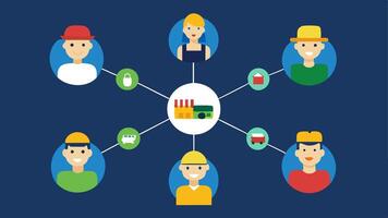 Linking Participants Multiple simple figures representing supply chain stakeholders farmer manufacturer distributor retailer consumer connected by lines showing how blockchain. vector