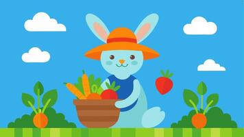 Harvest Time An enthusiastic rabbit with a sun hat sits in a garden proudly holding a basket full of freshly harvested carrots. The garden is bursting with life featuring rows of. vector