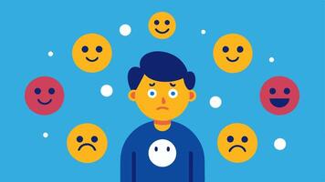 Balanced Emotions A character surrounded by emojis representing various emotions happiness sadness anger but showing a calm demeanor indicating acceptance of all feelings through. vector