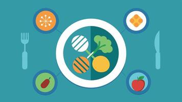 Nutrigenomics A plate of food integrated with DNA strands and nutritional icons depicting the link between genetics and personalized dietary recommendations.. vector