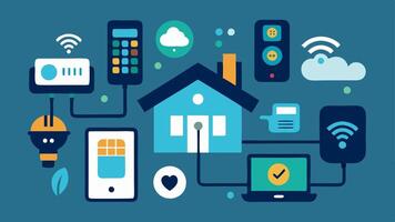 Home Automation Systems Show a smart home scene where devices like thermostats and security cameras process data locally allowing for immediate adjustments and alerts without. vector