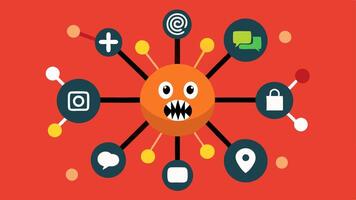 Viral Spread A graphic showing a viruslike symbol made of social media icons with smaller viruses branching out to individual user icons emphasizing how extremist content can go. vector