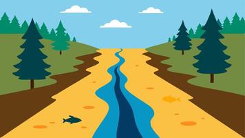 Water Pollution A river flowing through a forest on one side and an oily polluted river with dead fish on the other the impact of palm oil production on waterways.. vector