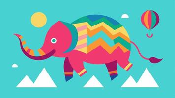 Funky Colors A vibrant illustration featuring a funky stylized elephant with geometric patterns on its body floating high in the air. The oversized balloon covered in bright zigzag. vector
