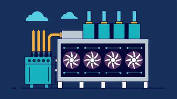 Mining Rig An illustration of a mining rig with multiple GPUs glowing connected to a power source. Cables and fans are visible depicting the hardware used for mining.. vector