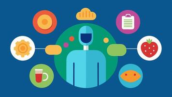 Nutrition Optimization A colorful plate of food surrounded by AI icons highlighting how artificial intelligence suggests meal plans and dietary changes based on a persons health. vector