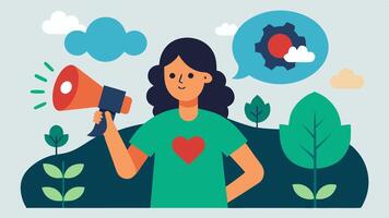 Young Activist with Heart A young activist holding a megaphone with a heart symbol on it surrounded by s of positive environmental actions like planting trees while a shadow. vector