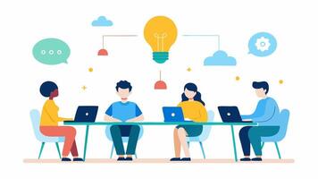 Office Collaborative Space A shared workspace where lights change from bright to soft as team members gather for brainstorming sessions. Floating icons depict changes based on the. vector