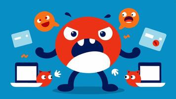 Invasion of the Browsers A metaphorical showing a friendly browser character being overwhelmed by aggressive ad characters that invade its space.. vector