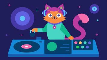 Groovy Cat Mixing Beats An enthusiastic cat with a bushy tail and a funky hairstyle standing in front of a DJ setup. The turntables are adorned with neon stickers and the scene is. vector