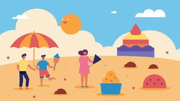Ice Cream Sandcastles An engaging beach scene where families build imaginative sandcastles made of cookie crumbles and ice cream scoop towers. Vibrant kites shaped like various. vector
