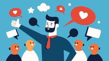 Influencer Effect An avatar of an influencer with a large following sending out messages. Some followers react positively showing how charismatic leaders can sway opinions toward. vector