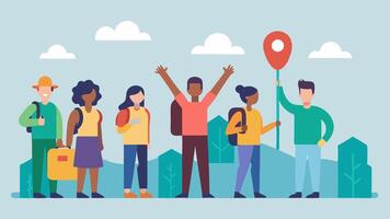Leaving the Hometown An of a group of diverse individuals with backpacks walking away from a small town waving goodbye to a familiar sign symbolizing their departure. vector