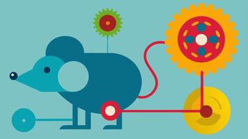Overcomplicated Design Show an intricate birdseye view of the mouse with layers of wheels gears and pulleys in a chaotic arrangement. Use bright eyecatching colors to highlight. vector