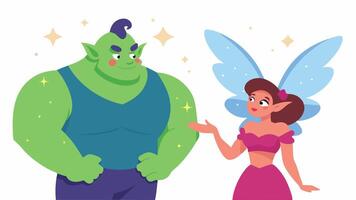 Fantasy Theme The boyfriend is a goofy ogre with oversized muscles turning to check out a gl fairy with oversized wings and sparkling sparkles. The girlfriend is a gy troll her. vector