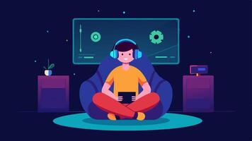 Teen Gamer with Headset A young individual lounging on a bean bag chair completely absorbed in the virtual world. Bright dynamic graphics explode from a massive screen in front. vector