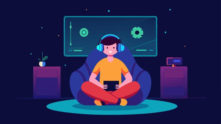 Teen Gamer with Headset A young individual lounging on a bean bag chair completely absorbed in the virtual world. Bright dynamic graphics explode from a massive screen in front.