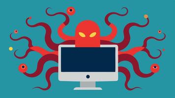Malware Infestation An illustration of a computer being invaded by various AI malware organisms depicted as tentacled shapes expanding throughout the system representing the threat. vector