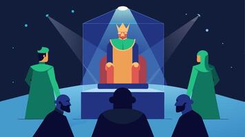 Holographic Throne An illustration of a royal exhibit featuring a holographic projection of the throne of a historical monarch with surrounding visitors engaging in discussions. vector