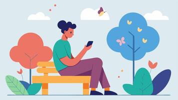 Outdoor Chat A person seated on a park bench casually dressed and holding a colorful s to their ear. They have a relaxed expression as if they are catching up with a friend. A. vector