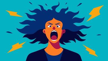 Frustration Overload An individual with wild hair standing with their mouth agape in a silent scream. Their bulging eyes are directed upwards and their hands are tangled in their. vector