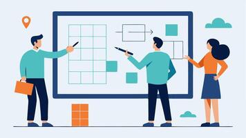 Interactive Floor Plans An interactive floor plan displayed on a large screen with an architect using a stylus to draw and modify layouts while clients interact with the AR model.. vector