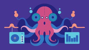 Sound Spectrum This illustration showcases the octopus surrounded by a dynamic sound wave graphic. Each tentacle is manipulating different elements of the DJ equipment such as a. vector
