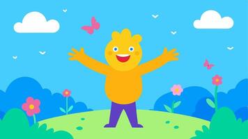 Joyful Park Setting A cartoon character is seen stretching with arms wide in a lively park filled with colorful flowers and trees. The character has a joyful expression eyes closed. vector