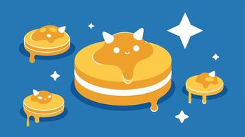 Intricate Pancake Designs A 3D printer depositing batter to create pancakes in shapes like animals and stars complete with syrup drizzle for effect.. vector