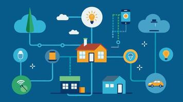 Load Balancing A visual of a smart grid managing energy loads represented by dynamic components adjusting power flow from renewables to different sectors homes businesses public. vector